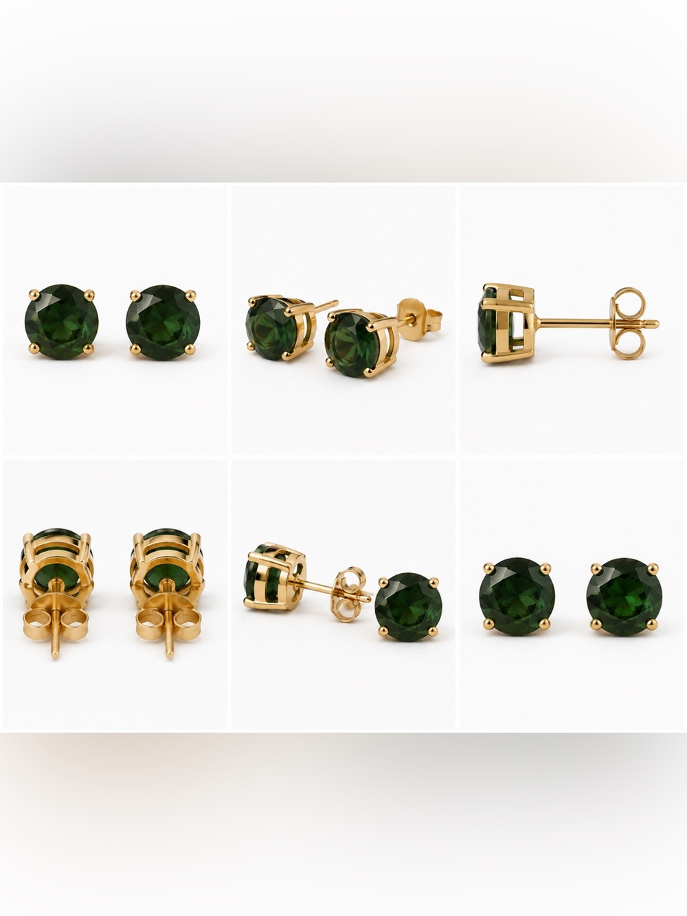 Gold Stud Earrings with Dark Green Gemstones - Women Jewelry
